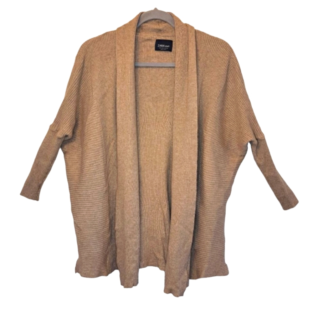 Zara Tan Rib Knit Drop Shoulder Open Front Tan Cardigan Size Small